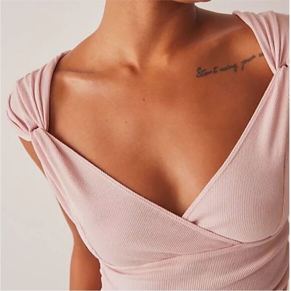 NWT Free People Another Love Stretchy Ribbed Thong Vneck Bodysuit Silver Pink XS - Picture 12 of 15